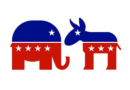 Icon depicting a red Republican elephant and blue Democratic donkey facing each other