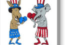 Illustration of donkey and elephant mascots wearing boxing gloves representing political rivalry between Republicans and Democrats.