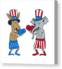Illustration of donkey and elephant mascots wearing boxing gloves representing political rivalry between Republicans and Democrats.