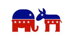 Icon depicting a red Republican elephant and blue Democratic donkey facing each other